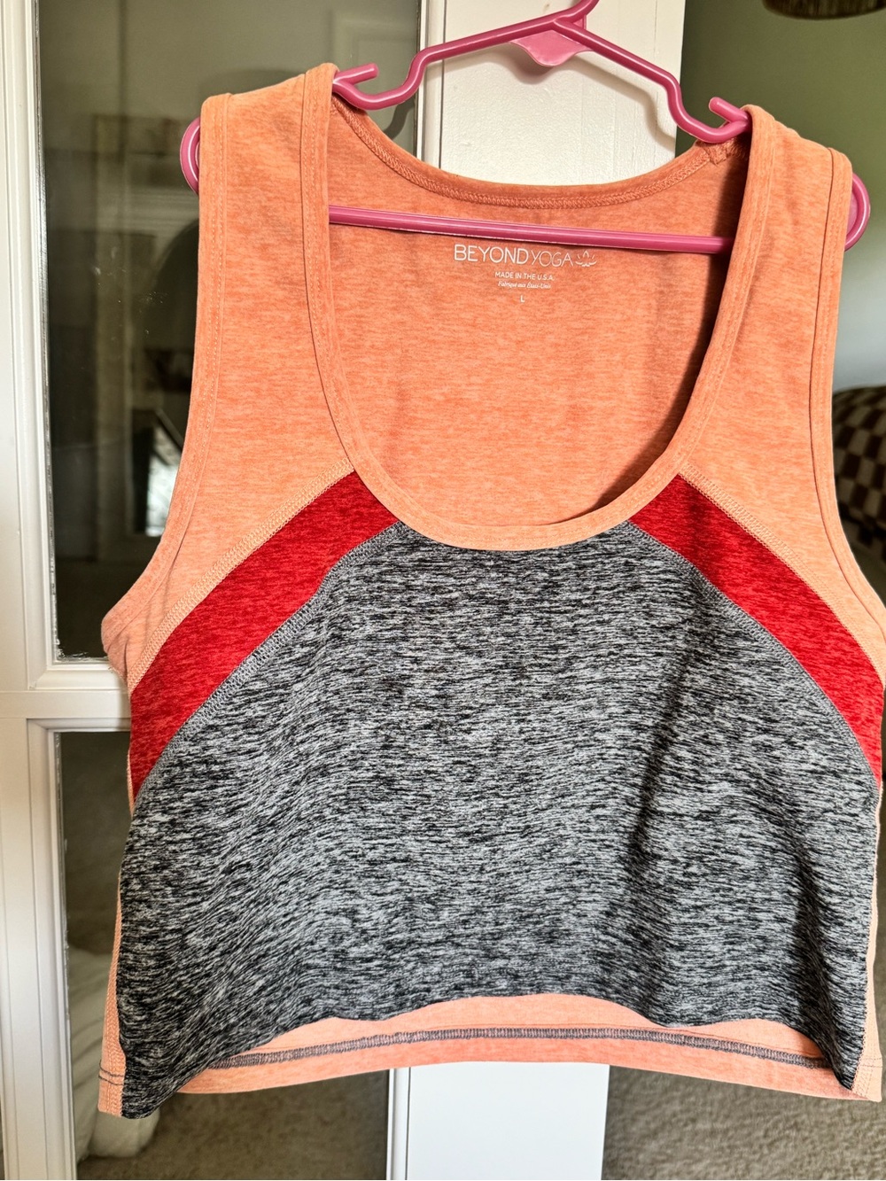 Beyond Yoga Peach, Red and Gray Colorblock Crop Tank